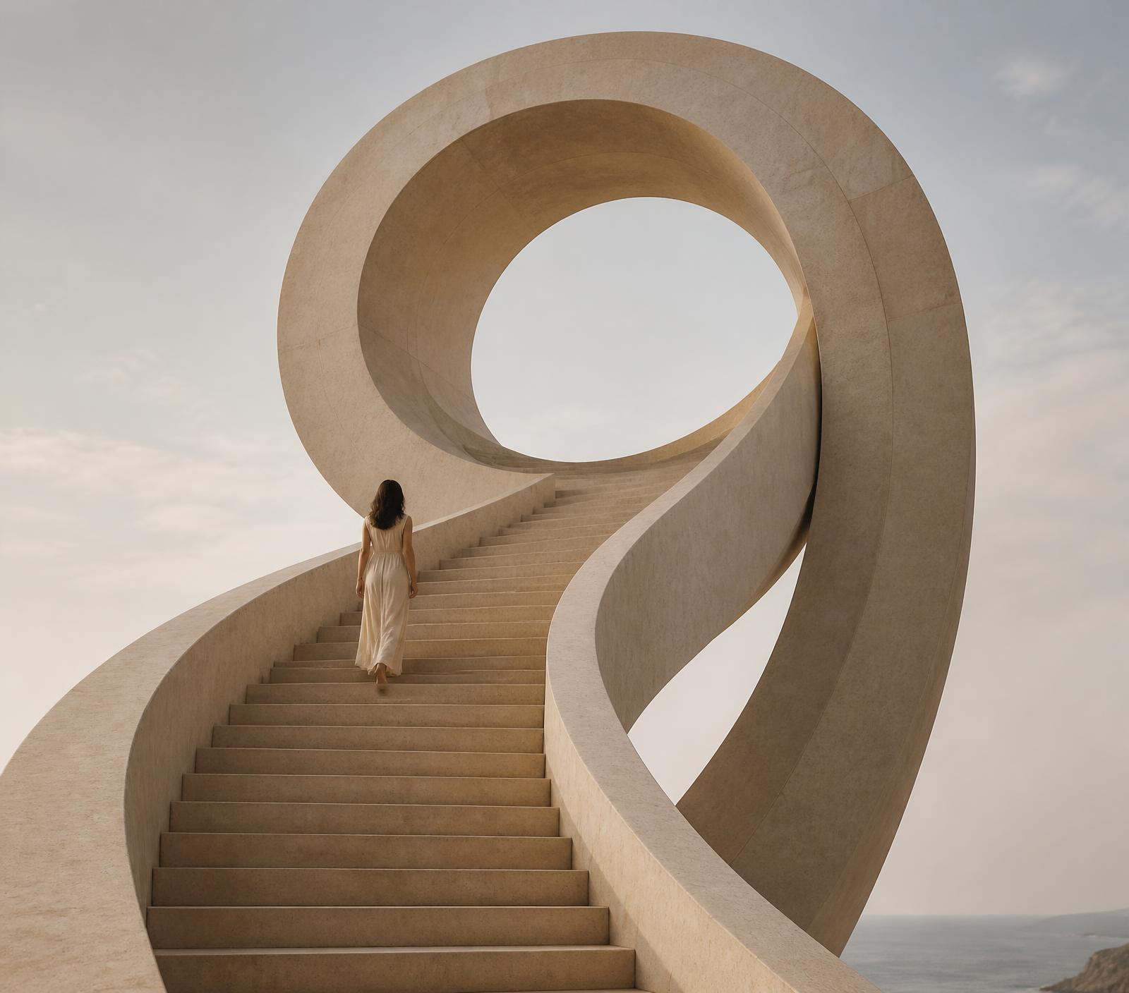 A sculptural warm stone staircase curving into a rounded upper loop with a descending tail, forming the silhouette of a nine, with a single figure ascending
